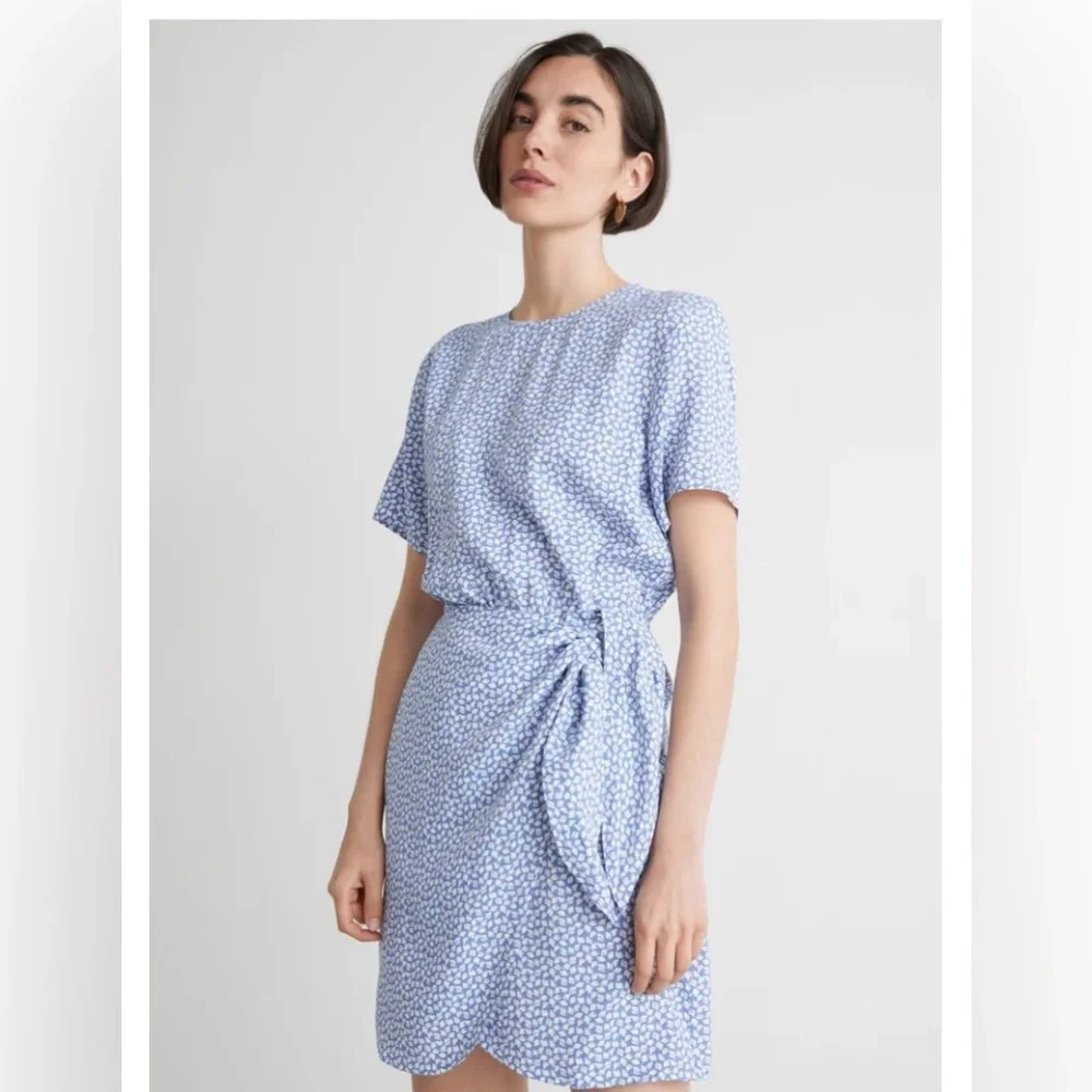 & OTHER STORIES  Knot Detail Mini Dress Blue Small Leave Print Sz 2